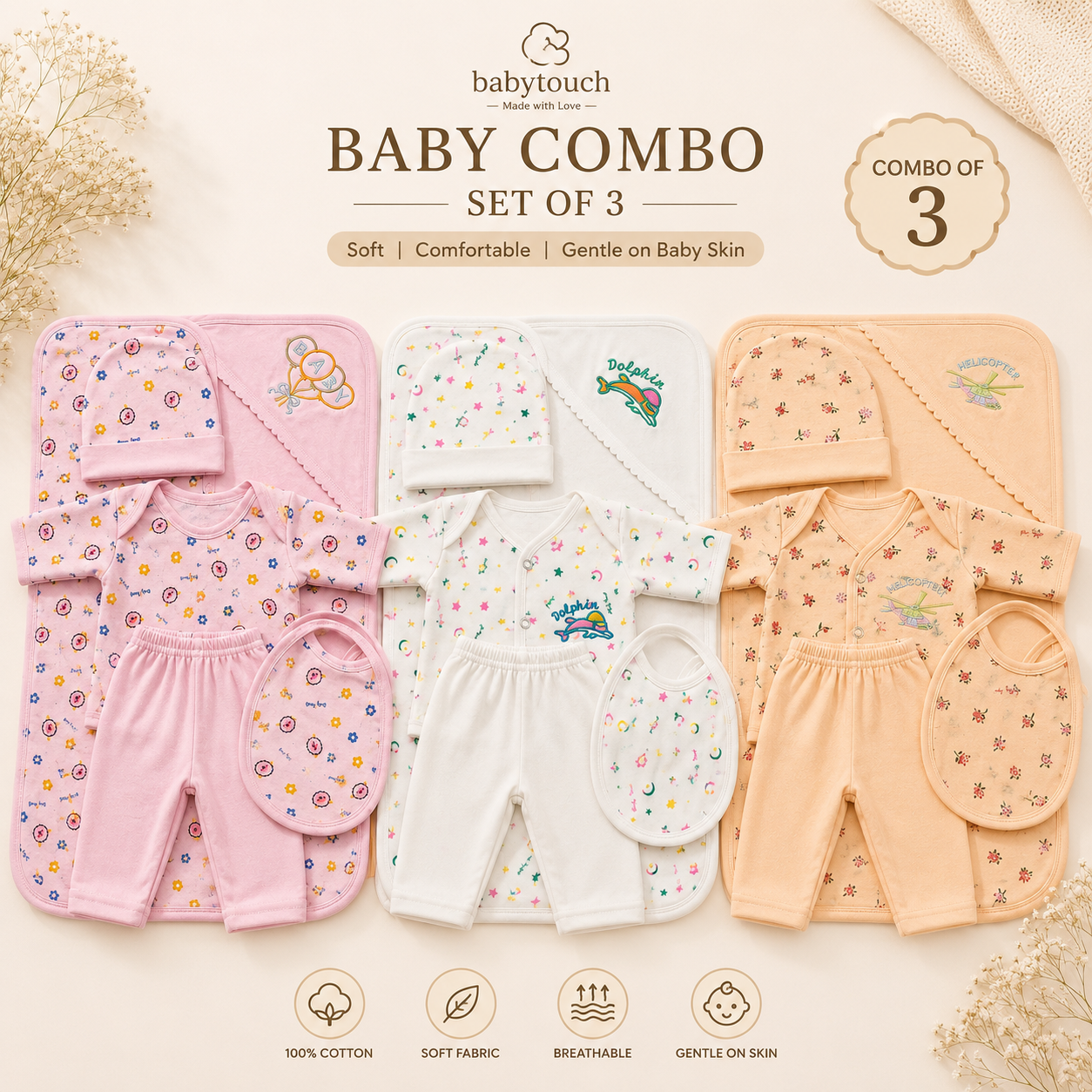 Combo of 3 Baby Touch Premium Newborn Gift Set (5-Piece)
