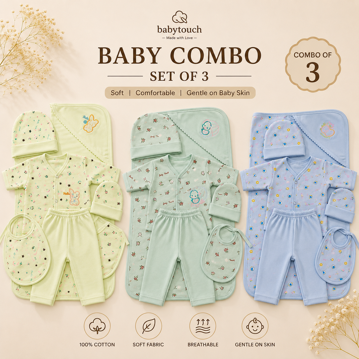 Combo of 3 Baby Touch Premium Newborn Gift Set (5-Piece)